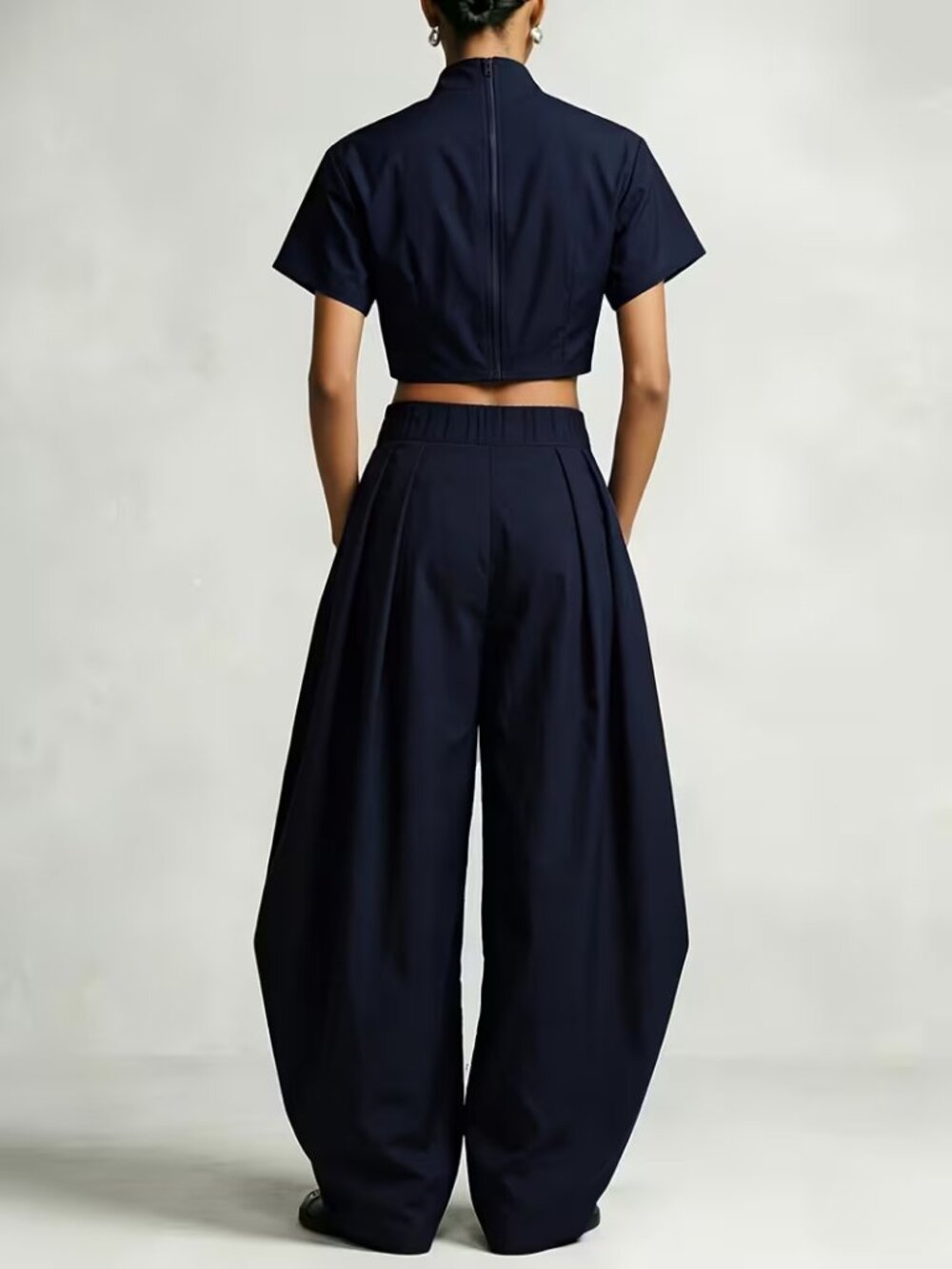 Navy Blue Short Top + Wide Leg Pants Set - Picture 3 of 6